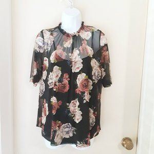 Monteau Womens Black & Multicolored Floral Chiffon Short Sleeve Top